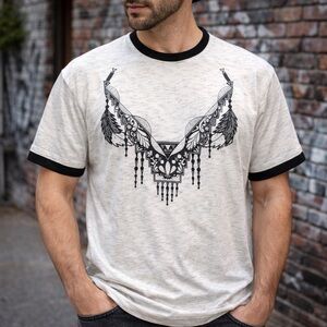 Unisex Off-White Graphic Ringer T-Shirt Dream Catcher Print Size L Vintage Style